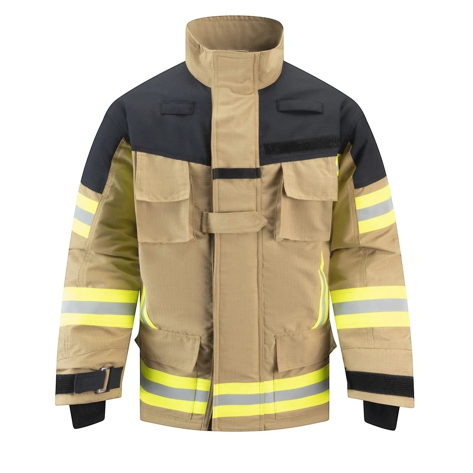 Chaqueta de bombero GERF SAFETY modelo Commander Fire color caqui con bandas reflectantes 3M y refuerzos en hombros
