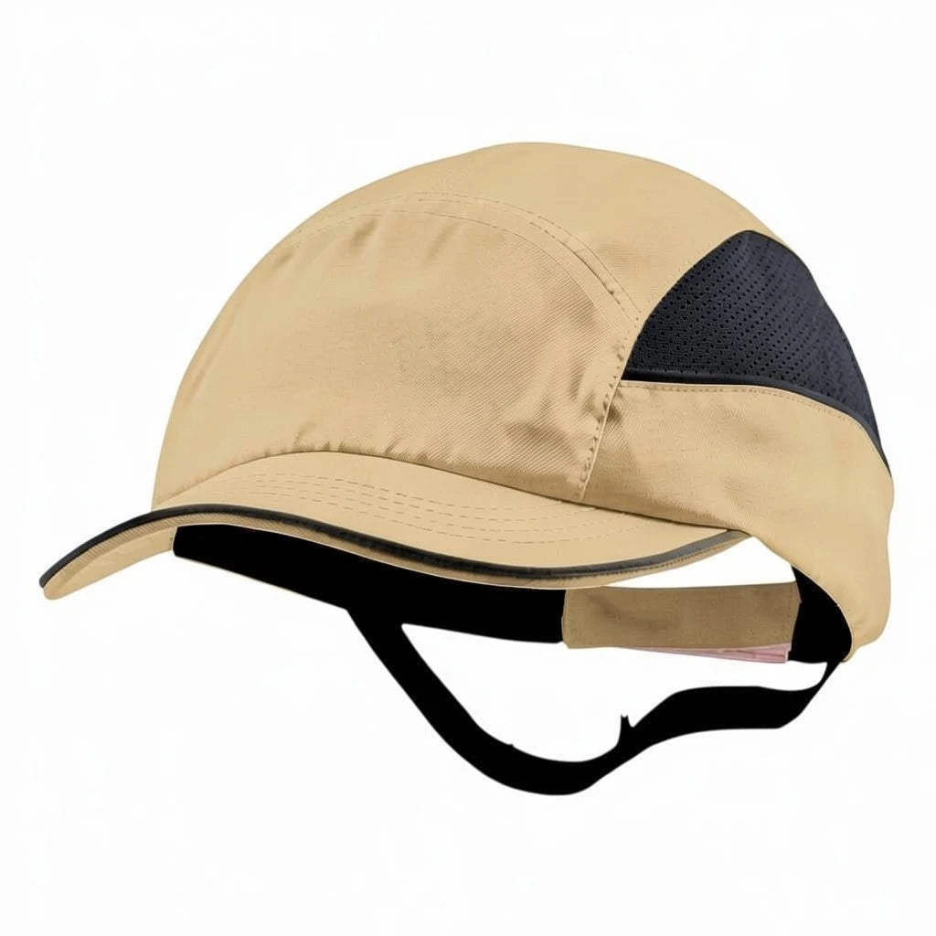 Gorra de seguridad GERF SAFETY color beige con paneles laterales de malla negra y carcasa protectora interna