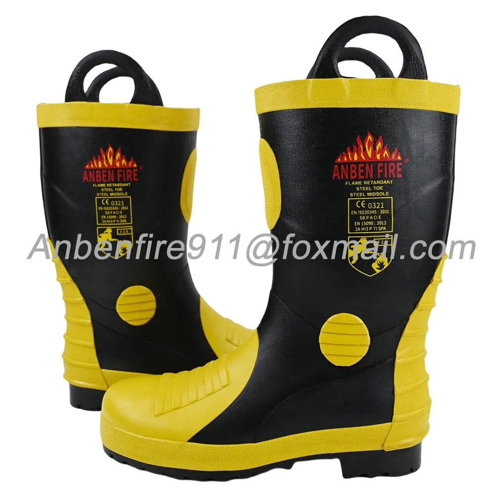 Botas de Goma para Bomberos Certificadas EN15090 con Cabeza y Suela de Acero y Parte Superior Corrugada (RJX-AB-25B)