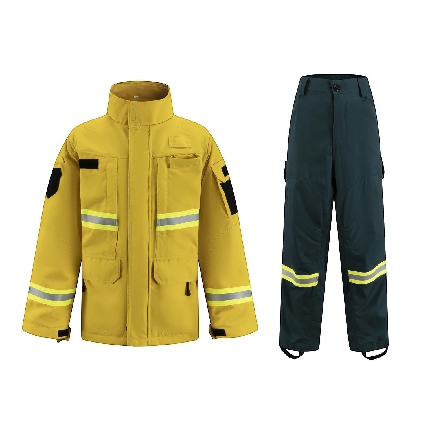Traje de combate contra incendios forestales GERF SAFETY de Nomex IIIA amarillo y verde con bandas reflectantes 3M.