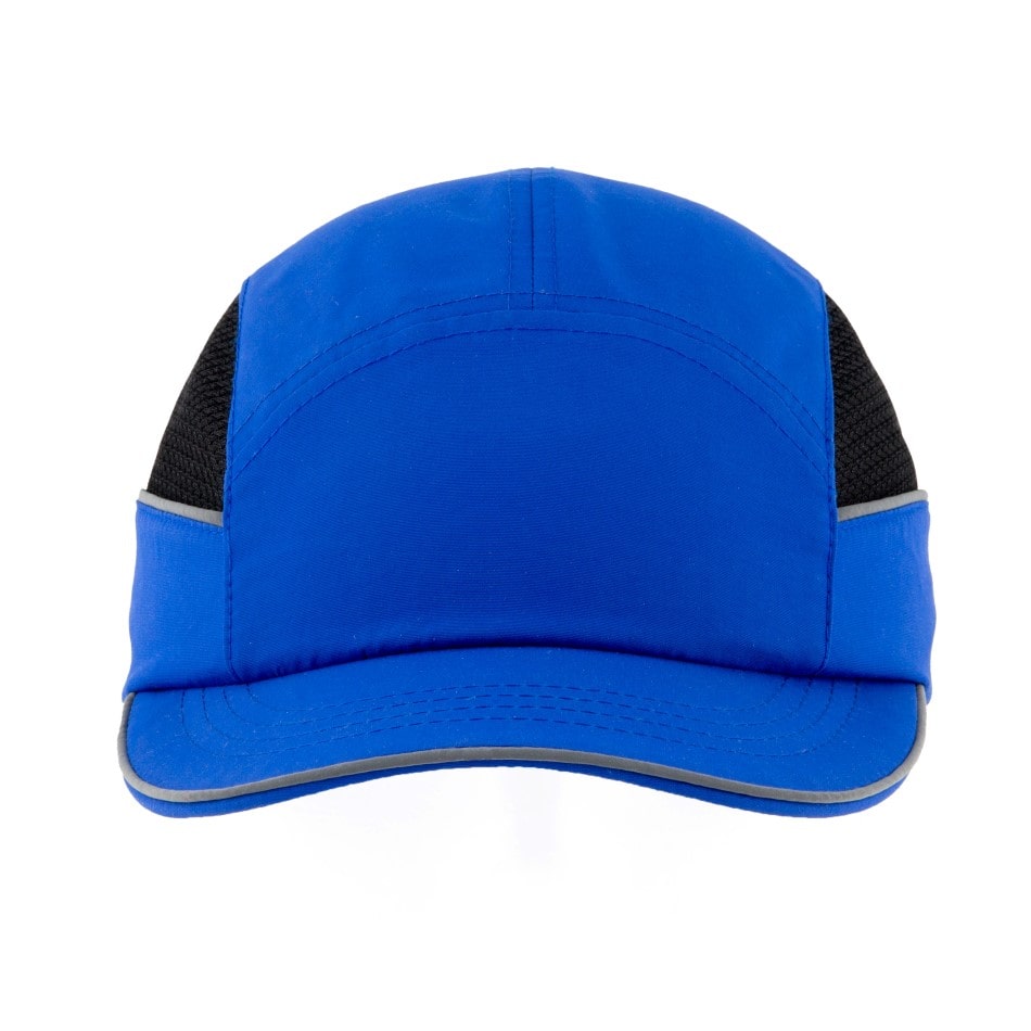 Gorra de seguridad GERF SAFETY azul real con visera, ventilación lateral y detalles reflectantes para protección laboral.