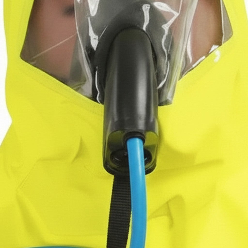 Persona usando un aparato de respiración de emergencia GERF SAFETY con capucha amarilla y máscara de presión positiva