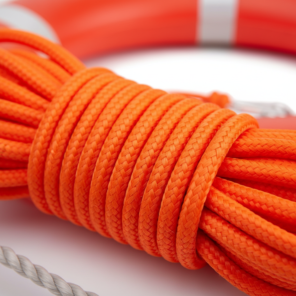 Cuerda de rescate naranja enrollada junto a un aro salvavidas GERF SAFETY con tiras reflectantes