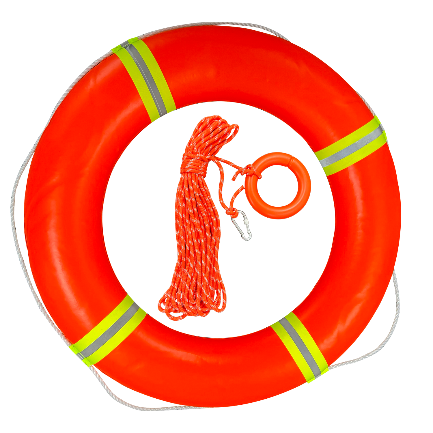 Aro salvavidas GERF SAFETY de 700 mm en color naranja brillante con bandas reflectantes, espuma y PVC, incluye cuerda.