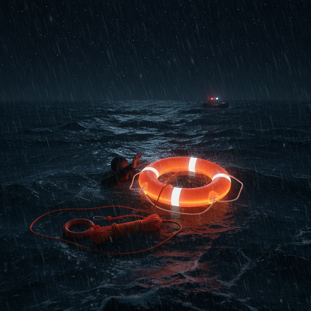 Aro salvavidas GERF SAFETY naranja con luz y tiras reflectantes flotando en mar tormentoso durante una emergencia