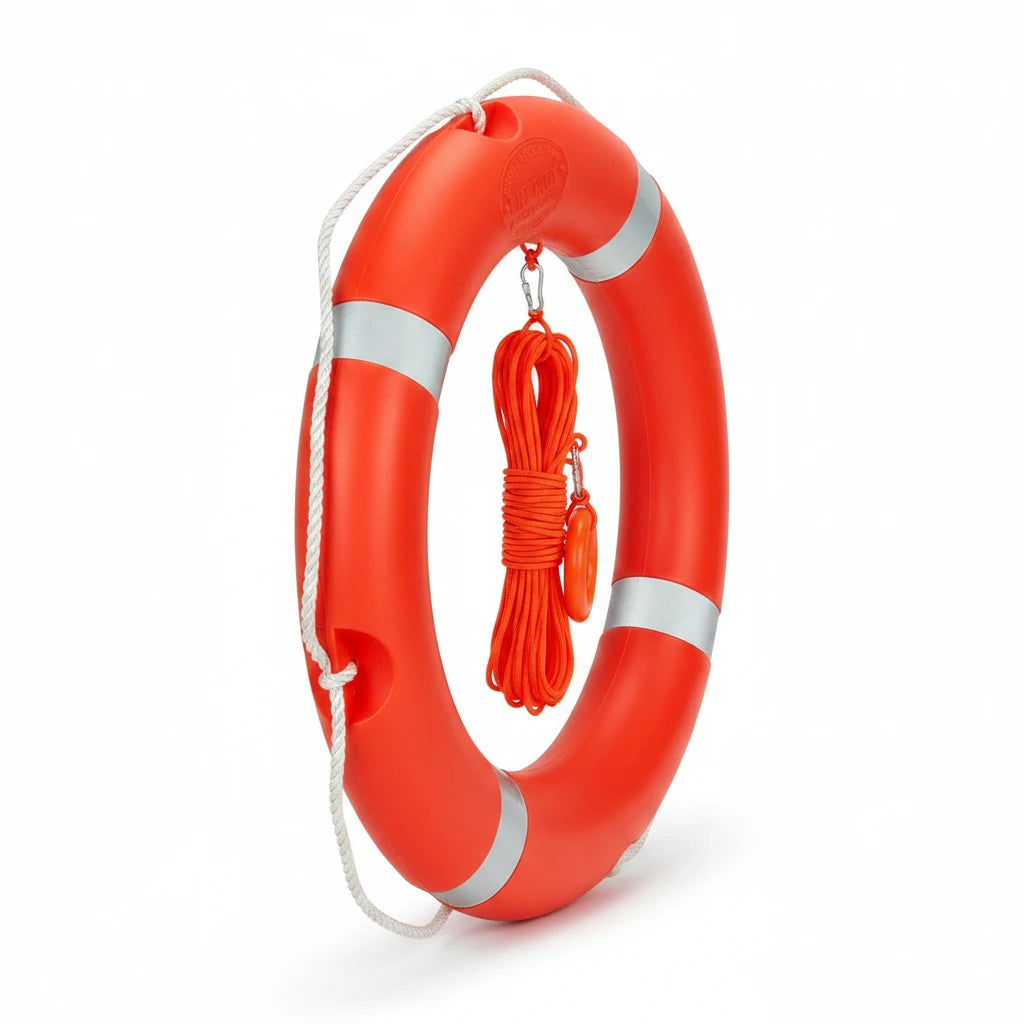 Aro salvavidas GERF SAFETY naranja de 710 mm con tiras reflectantes, cuerda de agarre y luz integrada para rescate.