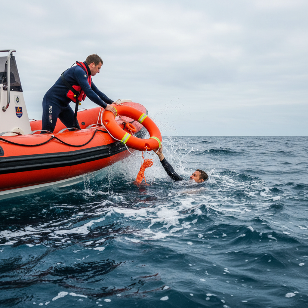 Rescatista de GERF SAFETY lanzando un aro salvavidas de espuma y PVC naranja de 700 mm a una persona en el mar.