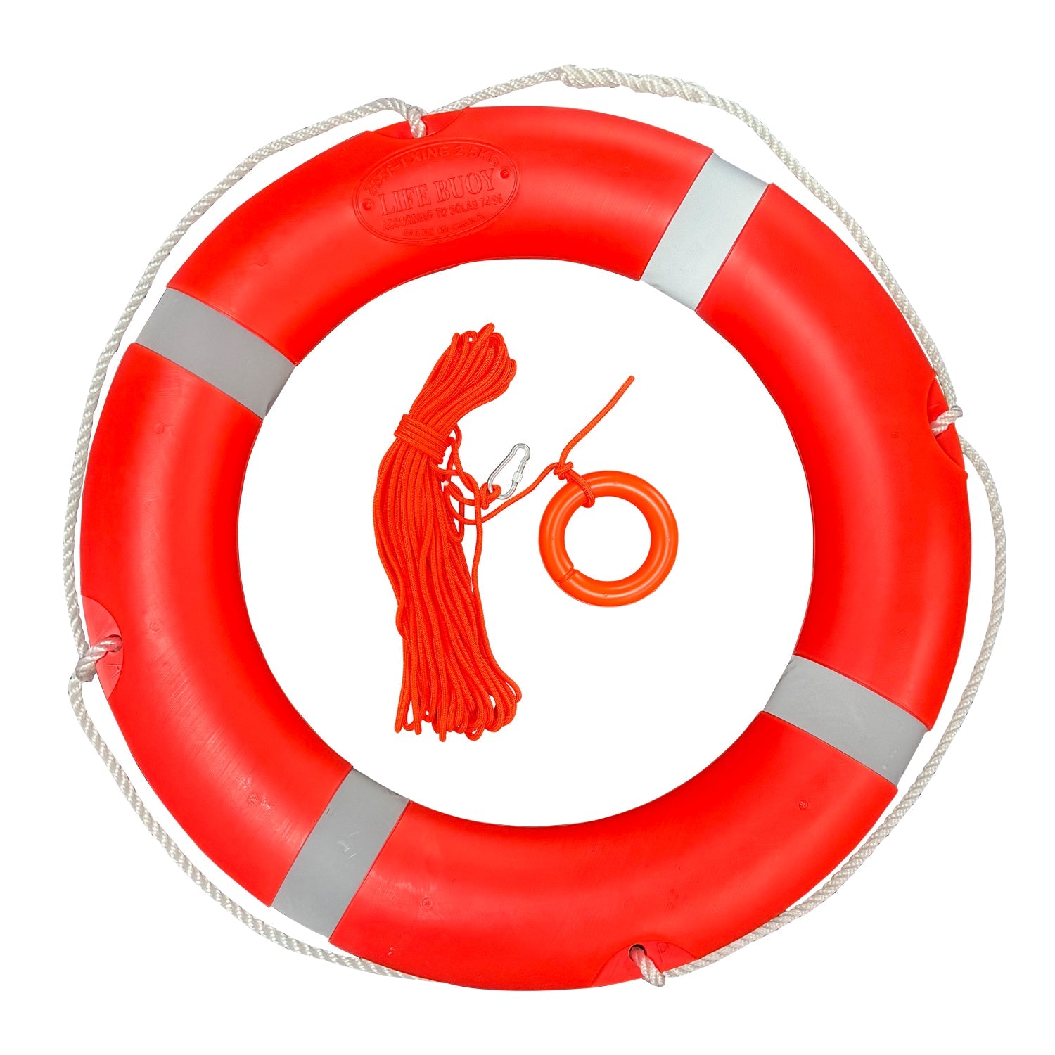 Aro salvavidas GERF SAFETY de 700 mm en color rojo con bandas reflectantes, cuerda de rescate y flotador pequeño.