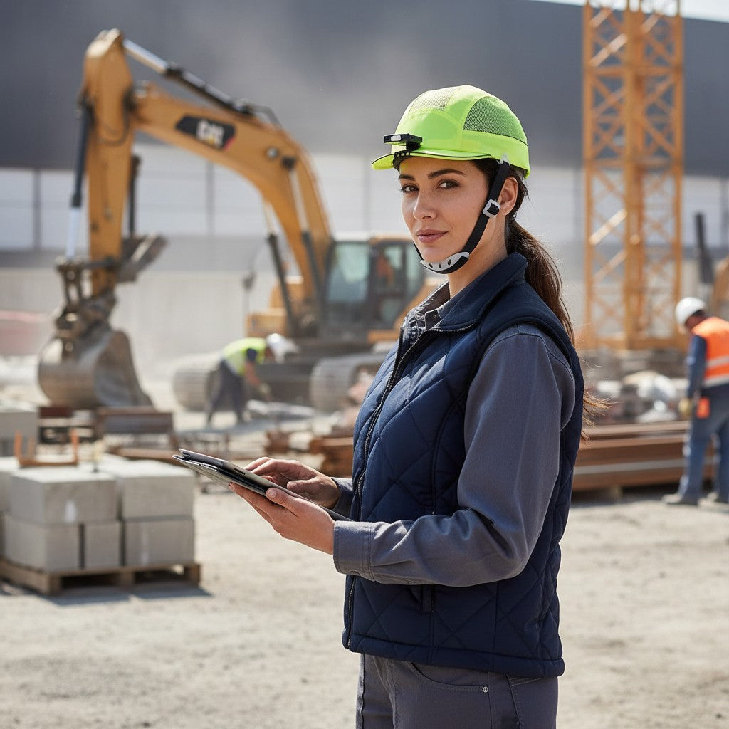 Mujer ingeniera con casco de seguridad y barboquejo ajustable GERF SAFETY en una obra de construcción.