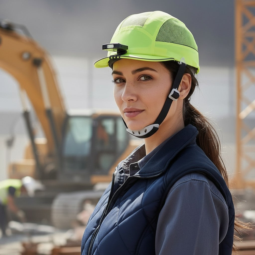 Trabajadora con gorra de seguridad GERF SAFETY y barboquejo ajustable en una obra de construcción.