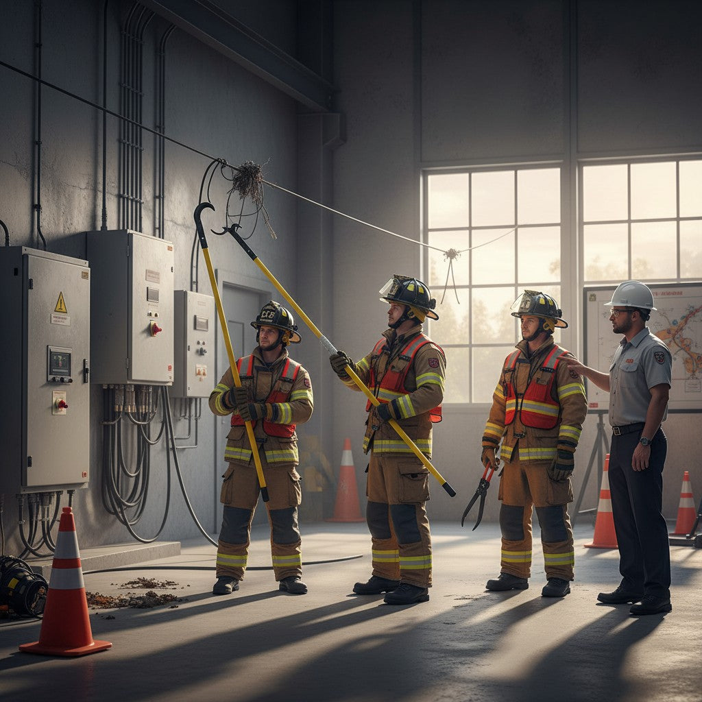 Equipo de rescate GERF SAFETY usando barras aislantes de fibra de vidrio de 35kV en un entrenamiento eléctrico industrial