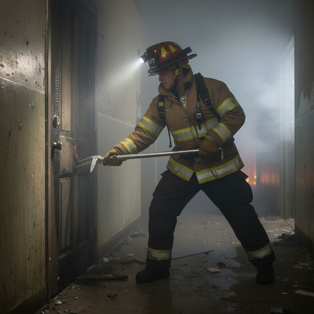 Bombero con equipo GERF SAFETY usando una barra Harrigan de acero para forzar una puerta en un pasillo con humo