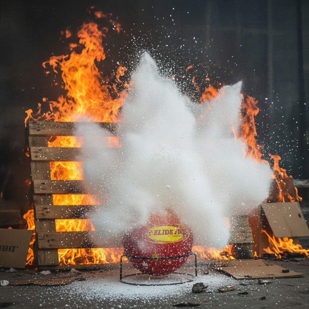 Bola extintora GERF SAFETY naranja activándose automáticamente con polvo ABC sobre un incendio de madera