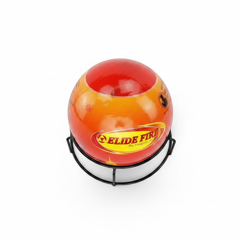 Bola extintora automática GERF SAFETY de color naranja con soporte metálico para prevención de incendios