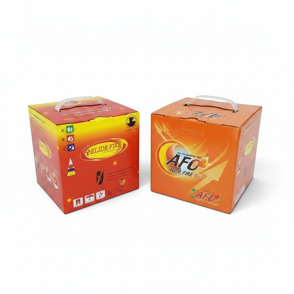 Dos cajas de embalaje naranja para bola extintora automática GERF SAFETY con información de seguridad contra incendios