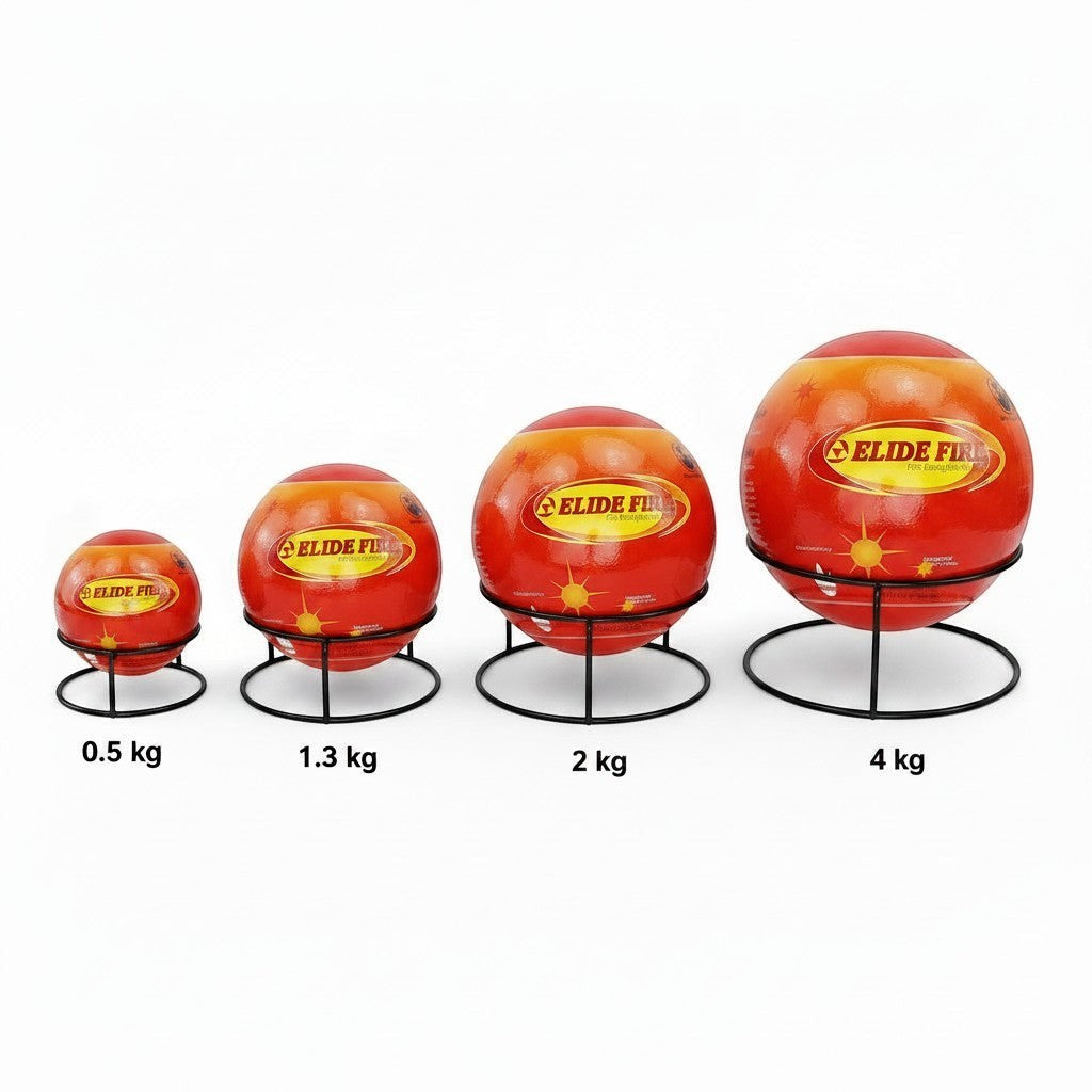 Cuatro bolas extintoras GERF SAFETY de color naranja en soportes metálicos, disponibles en tamaños de 0.5 a 4 kg.