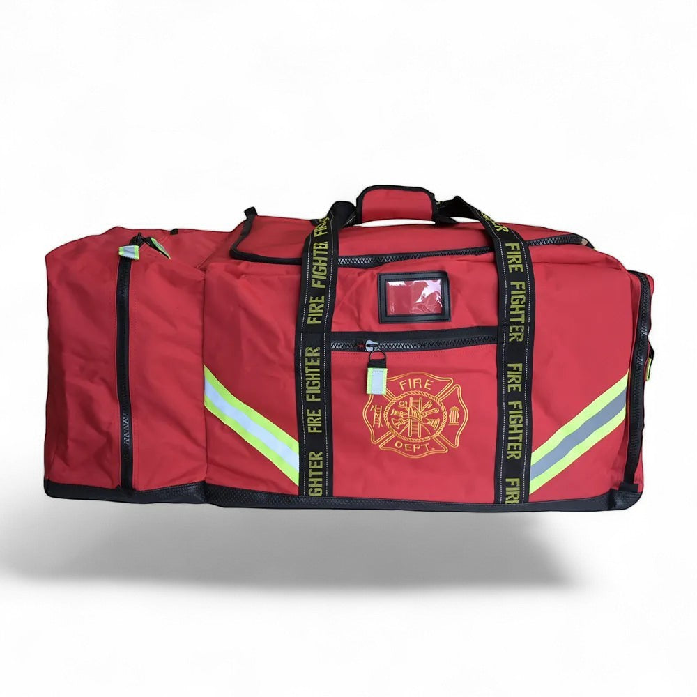 Bolsa roja GERF SAFETY para equipo de bombero, fabricada en nailon 1000D resistente al fuego con tiras reflectantes.