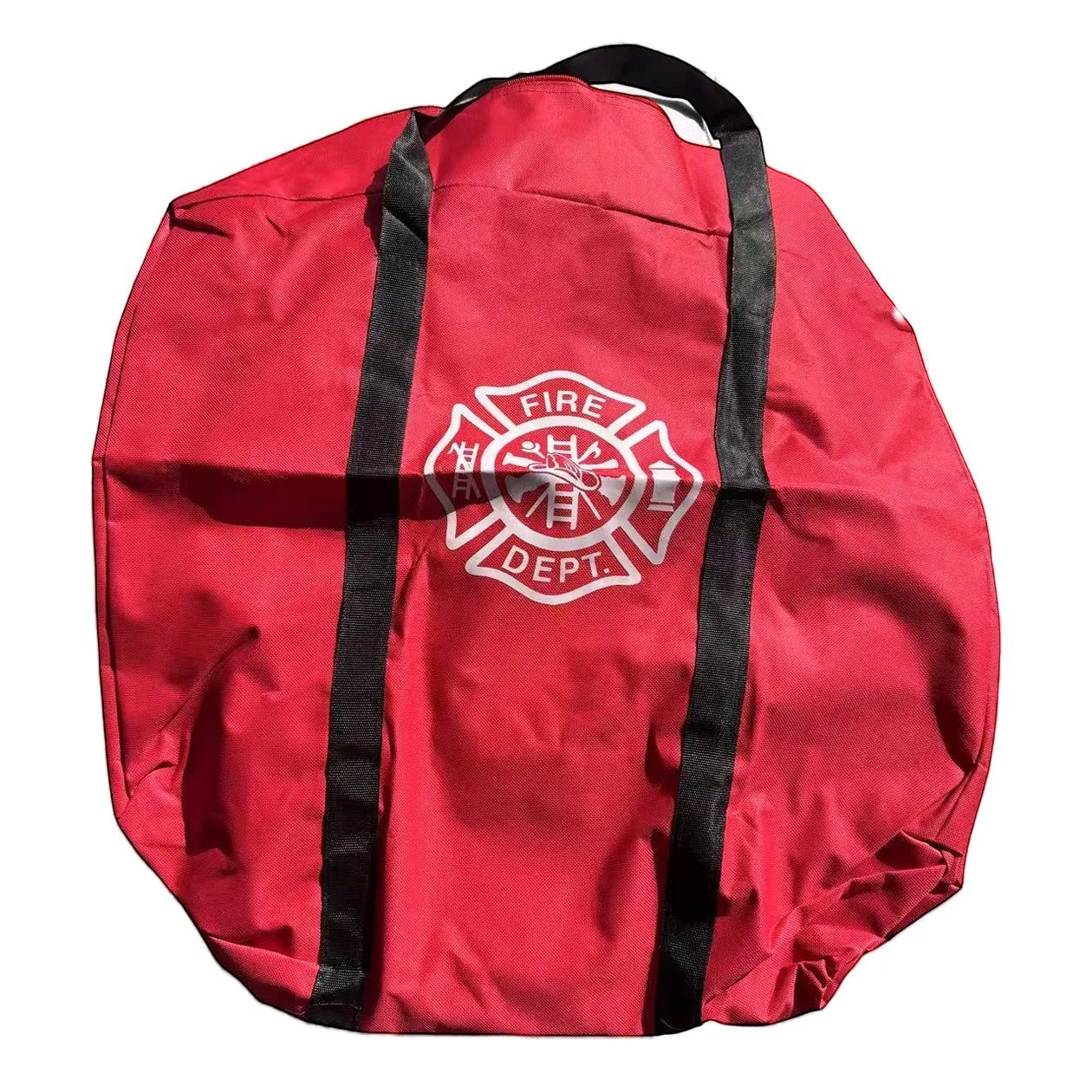 Bolsa de transporte redonda roja GERF SAFETY para equipo de bomberos con logo de Fire Dept y correas negras resistentes