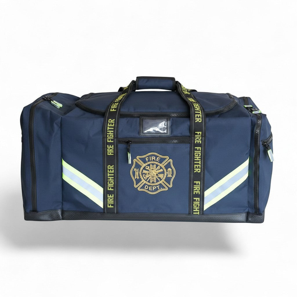 Bolsa de equipo GERF SAFETY azul marino de nailon 1000D con bandas reflectantes y bordado de bombero para bomberos.