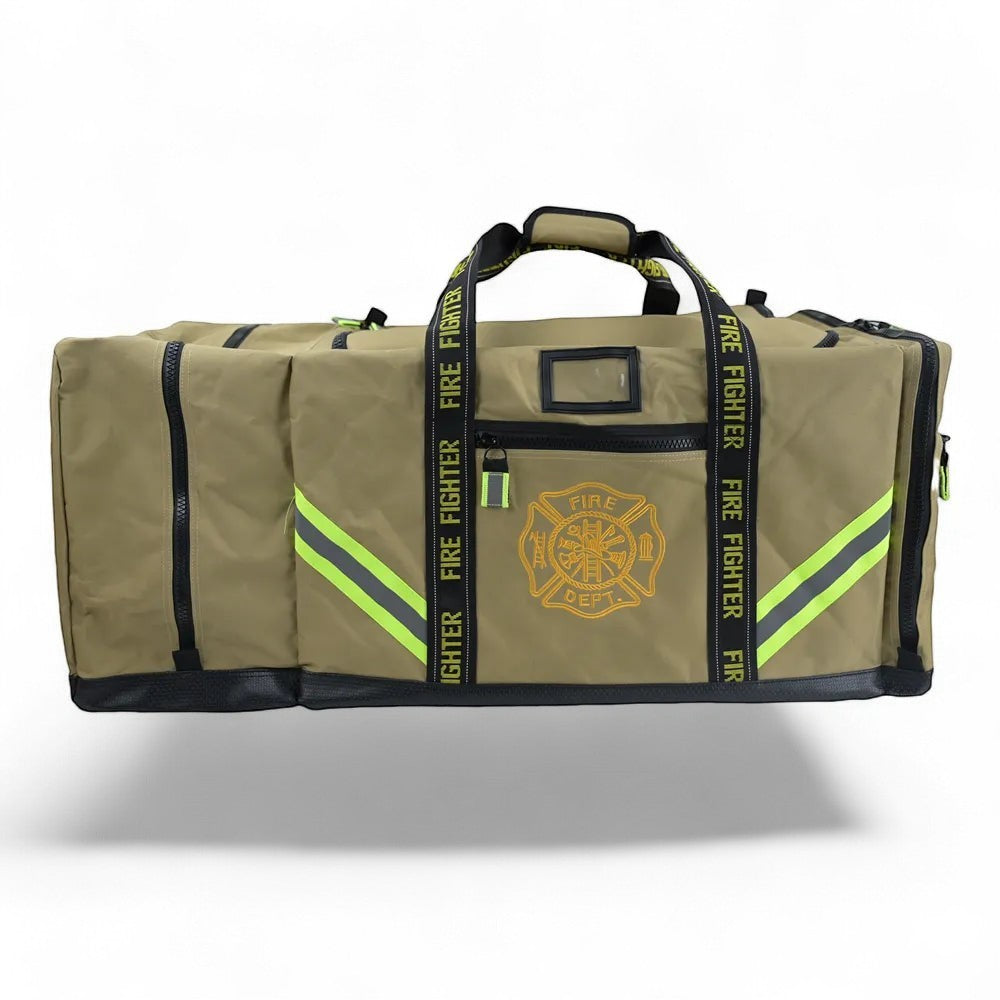 Bolsa de equipo GERF SAFETY color caqui para bomberos, fabricada en nailon 1000D resistente al fuego con bandas reflectantes