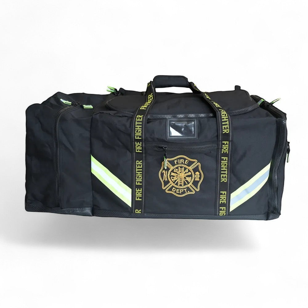 Bolsa de equipo GERF SAFETY negra de nailon 1000D con detalles reflectantes y bordado de bombero para uso profesional