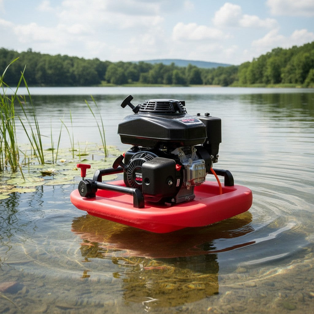 Bomba flotante contra incendios GERF SAFETY con motor Honda GXV160, diseño compacto en rojo y negro sobre el agua.