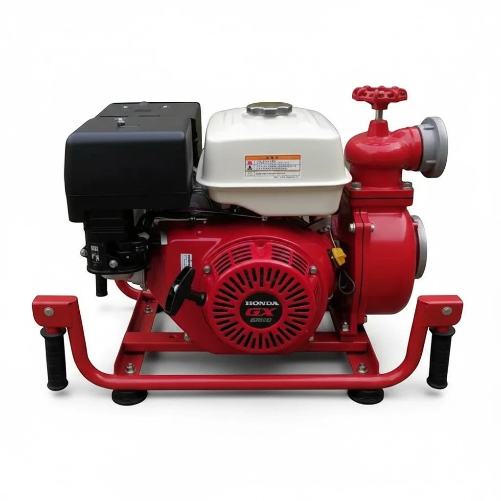 Bomba portátil contra incendios GERF SAFETY con motor Honda GX390 de 13HP, diseño compacto en color rojo y blanco.