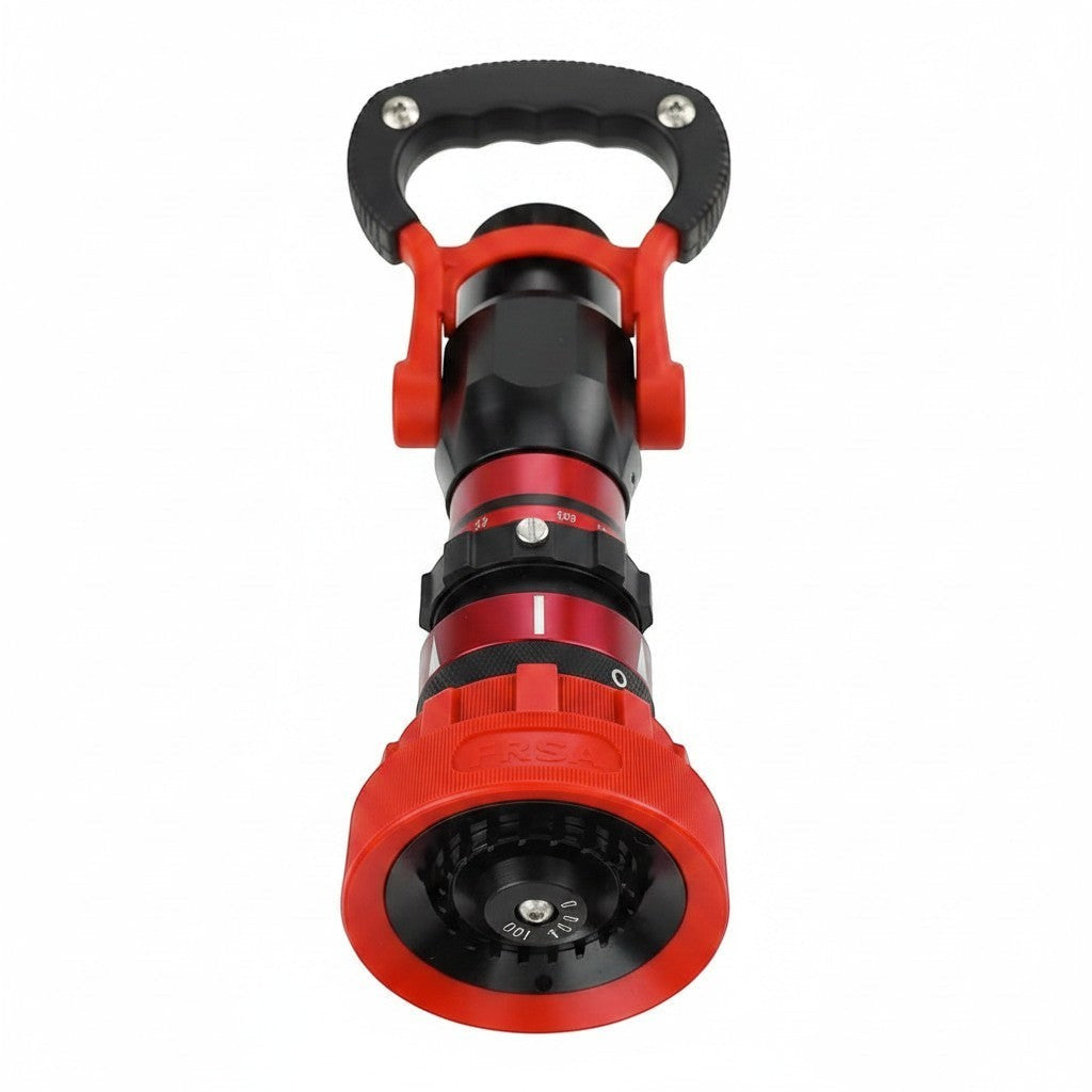 Boquilla multifuncional GERF SAFETY para manguera de bomberos en aluminio rojo con mango ergonómico y ajuste de caudal.