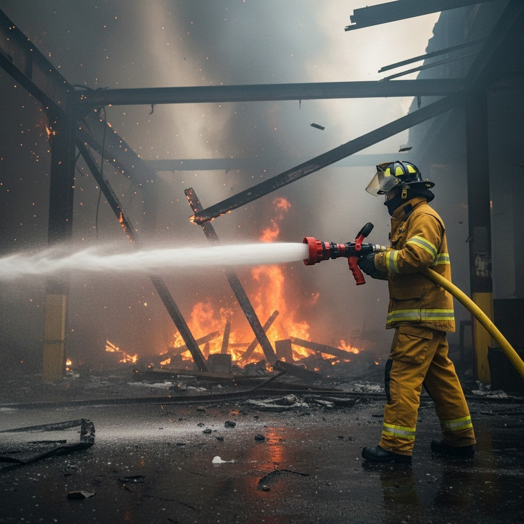 Bombero con equipo de protección GERF SAFETY usando boquilla multifuncional roja para extinguir un incendio estructural