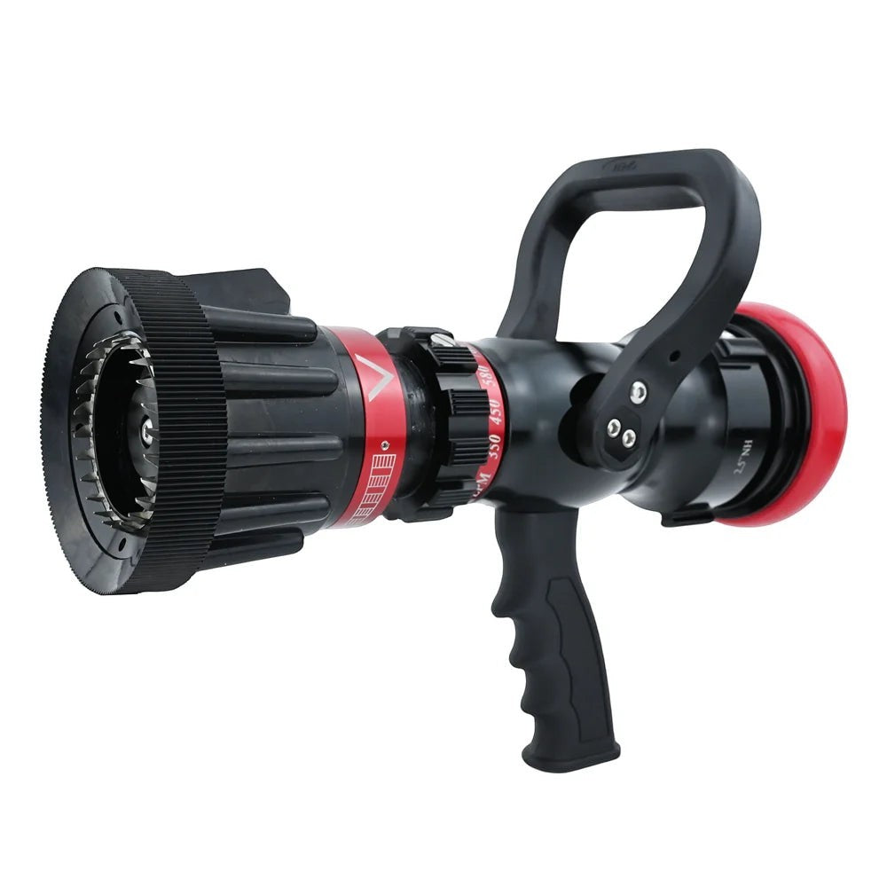 Boquilla de bomberos GERF SAFETY de aluminio anodizado con mango tipo pistola y caudal ajustable hasta 950 L/min.
