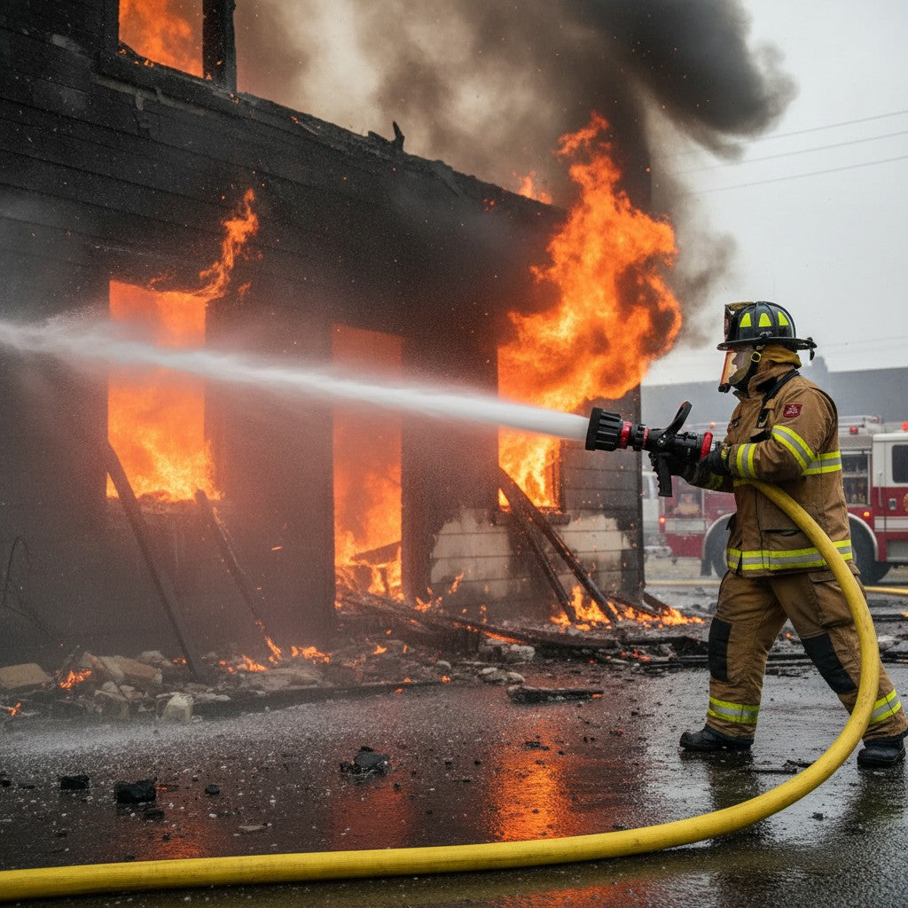 Bombero usando boquilla GERF SAFETY de gran caudal para extinguir un incendio estructural con chorro de agua potente