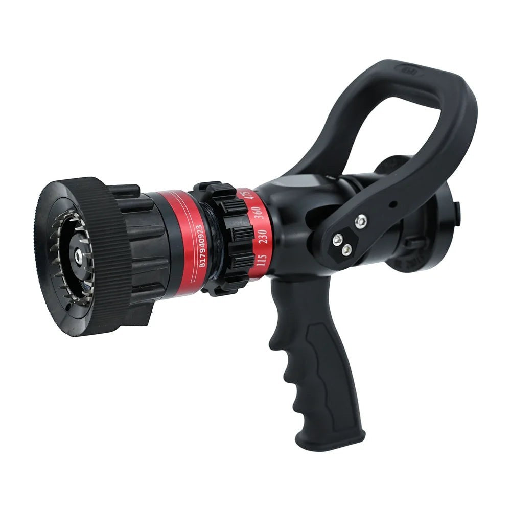 Boquilla multifuncional GERF SAFETY de aluminio anodizado negro con mango tipo pistola y caudal ajustable.