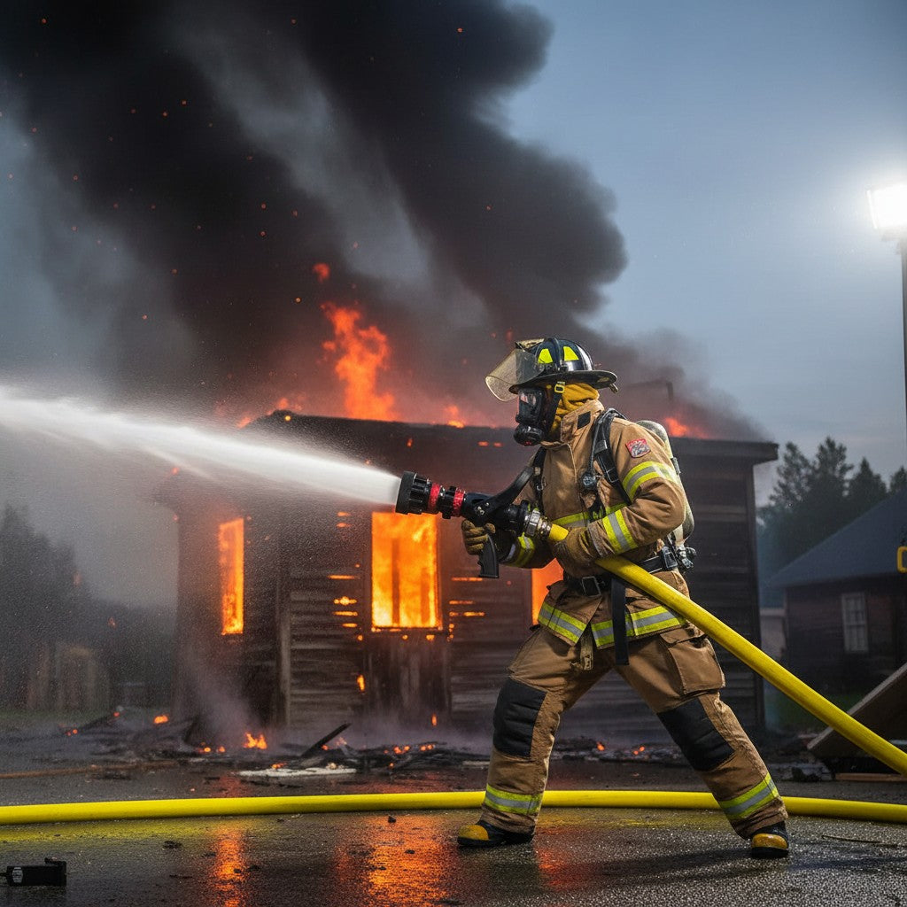 Bombero con equipo GERF SAFETY usando boquilla multifuncional negra para extinguir un incendio estructural con agua.