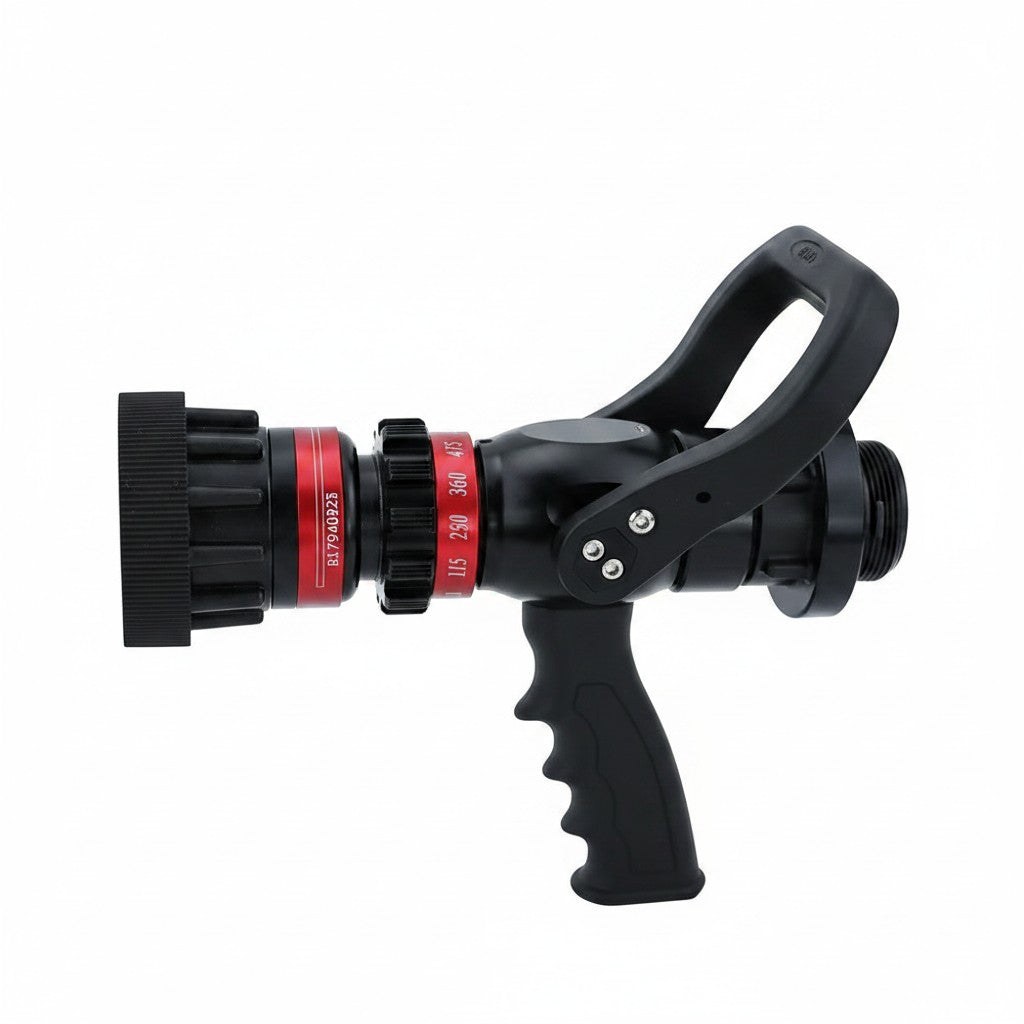 Boquilla multifuncional GERF SAFETY de aluminio anodizado negro con mango tipo pistola y caudal ajustable.