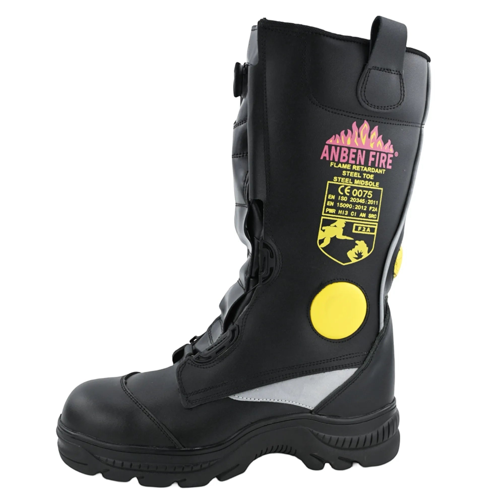 Bota de bombero negra GERF SAFETY de cuero ignífugo con puntera de acero, suela antideslizante y sistema de ajuste rápido