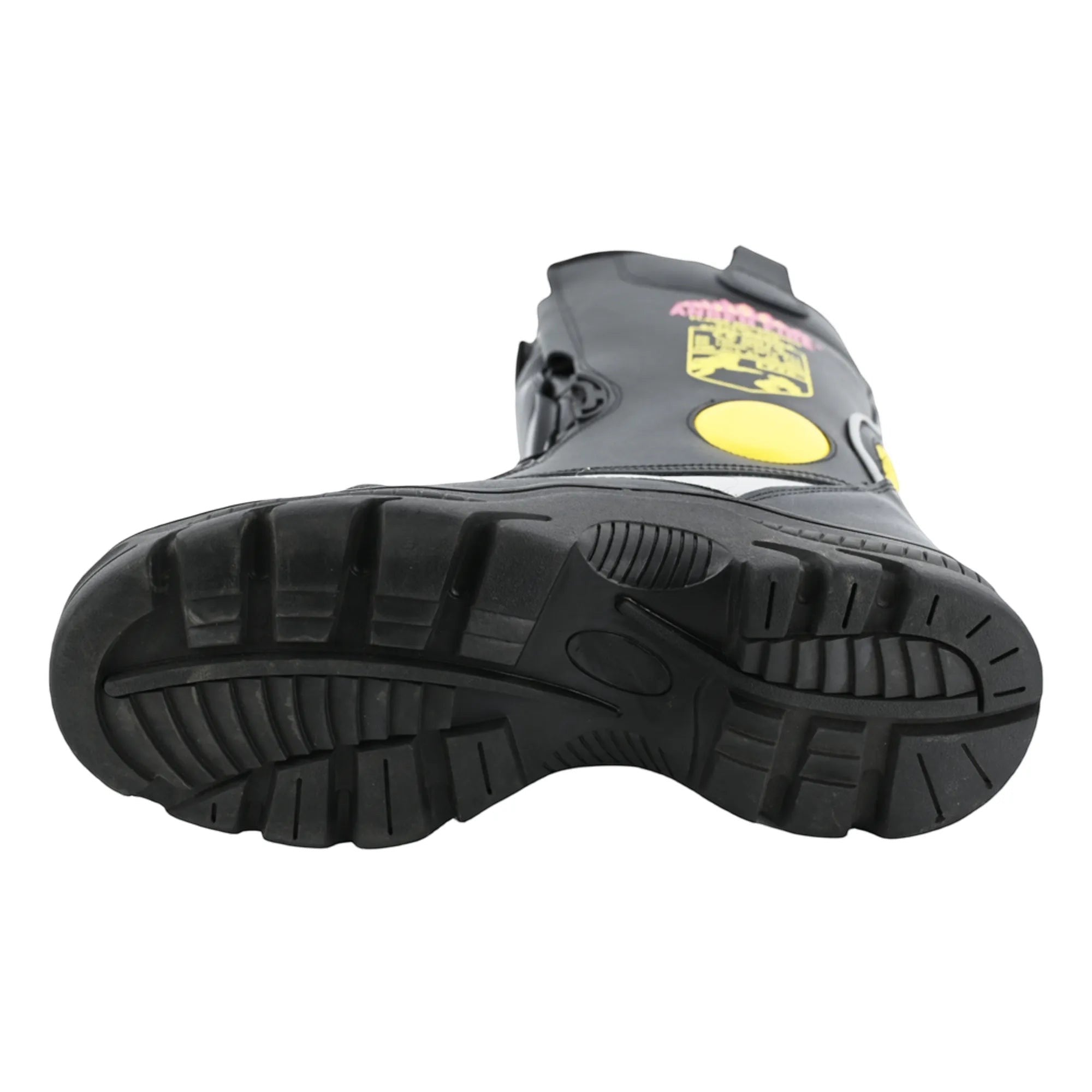 Bota de bombero negra GERF SAFETY de cuero ignífugo con suela antideslizante, puntera de acero y detalles amarillos.