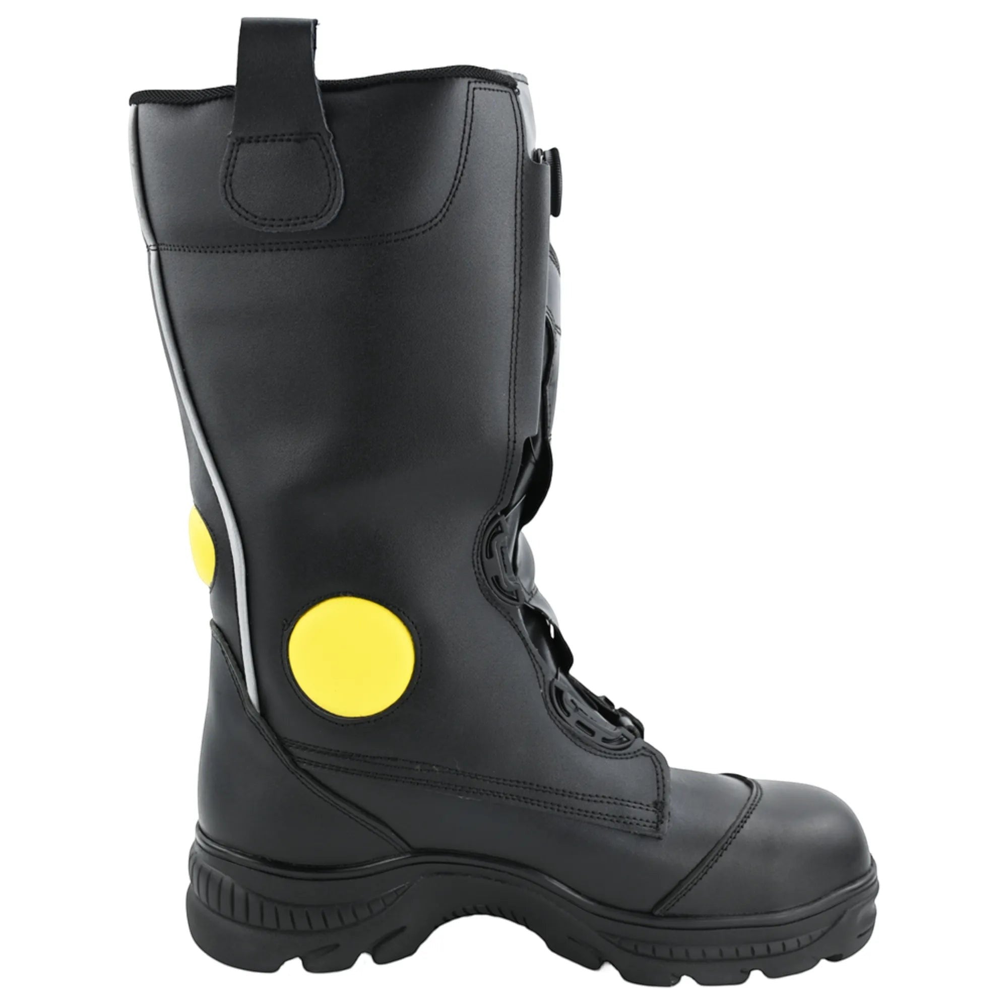 Bota de bombero negra GERF SAFETY de cuero ignífugo con puntera de acero, suela antideslizante y detalles amarillos.