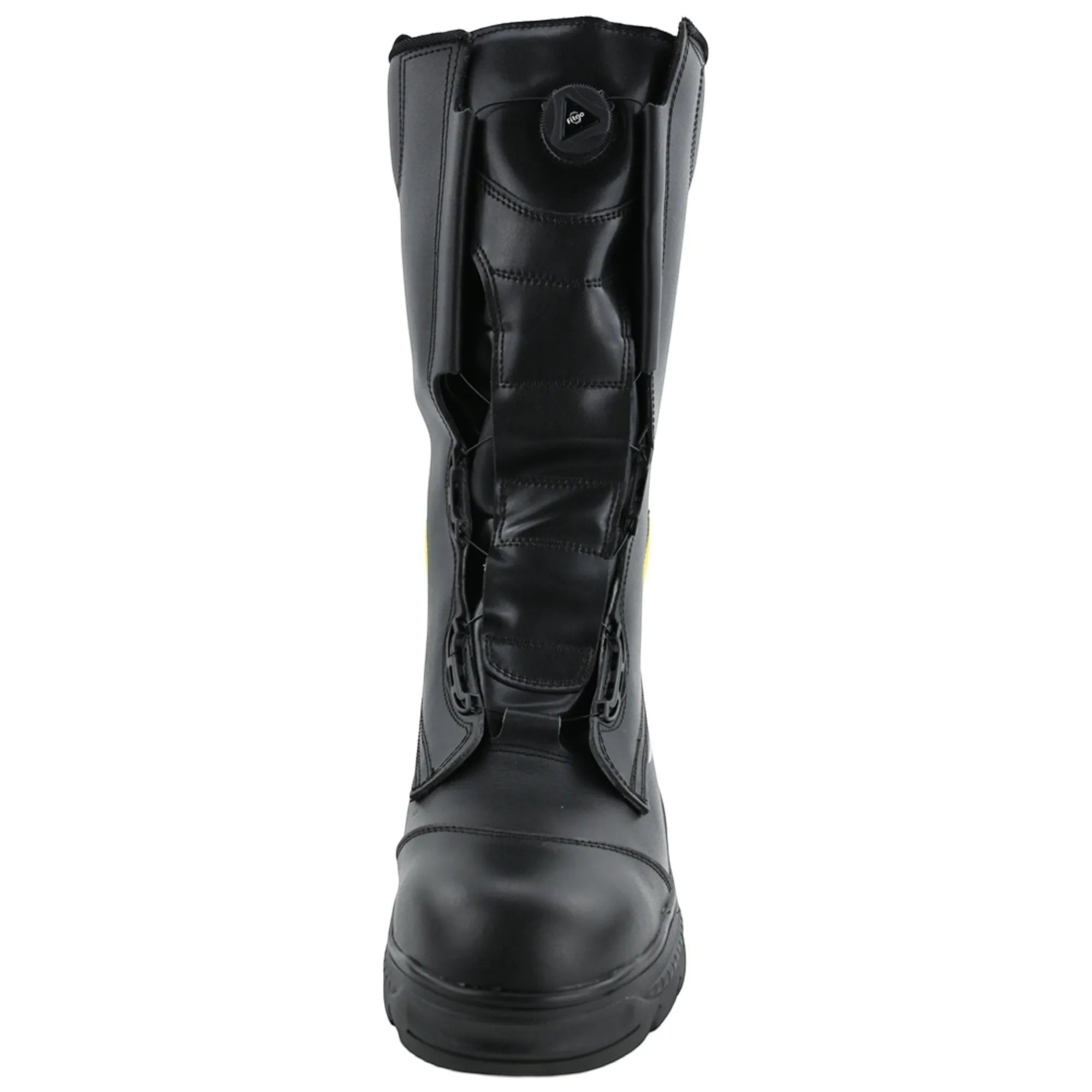 Bota de bombero negra GERF SAFETY de cuero ignífugo con puntera de acero, suela antideslizante y sistema de ajuste rápido.