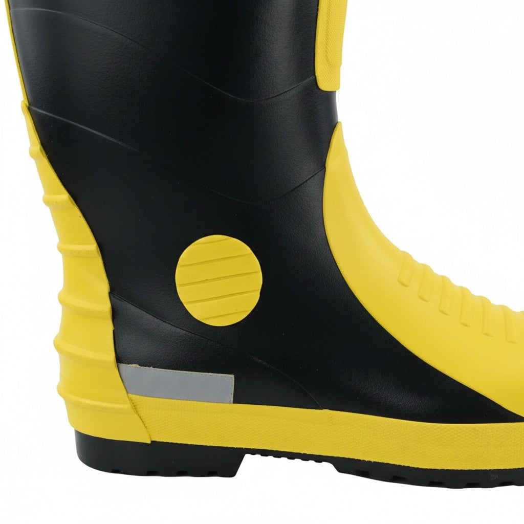 Bota de bombero GERF SAFETY negra y amarilla con tira reflectante, suela antideslizante y refuerzo de goma resistente.