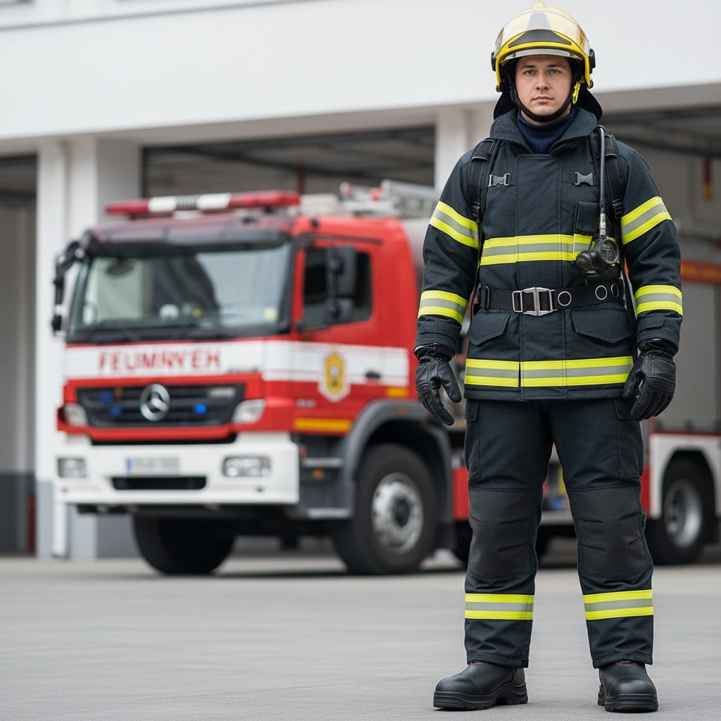 Bombero con botas GERF SAFETY Ironclad Fire de cuero negro, punta de aluminio y suela antideslizante frente a un camión