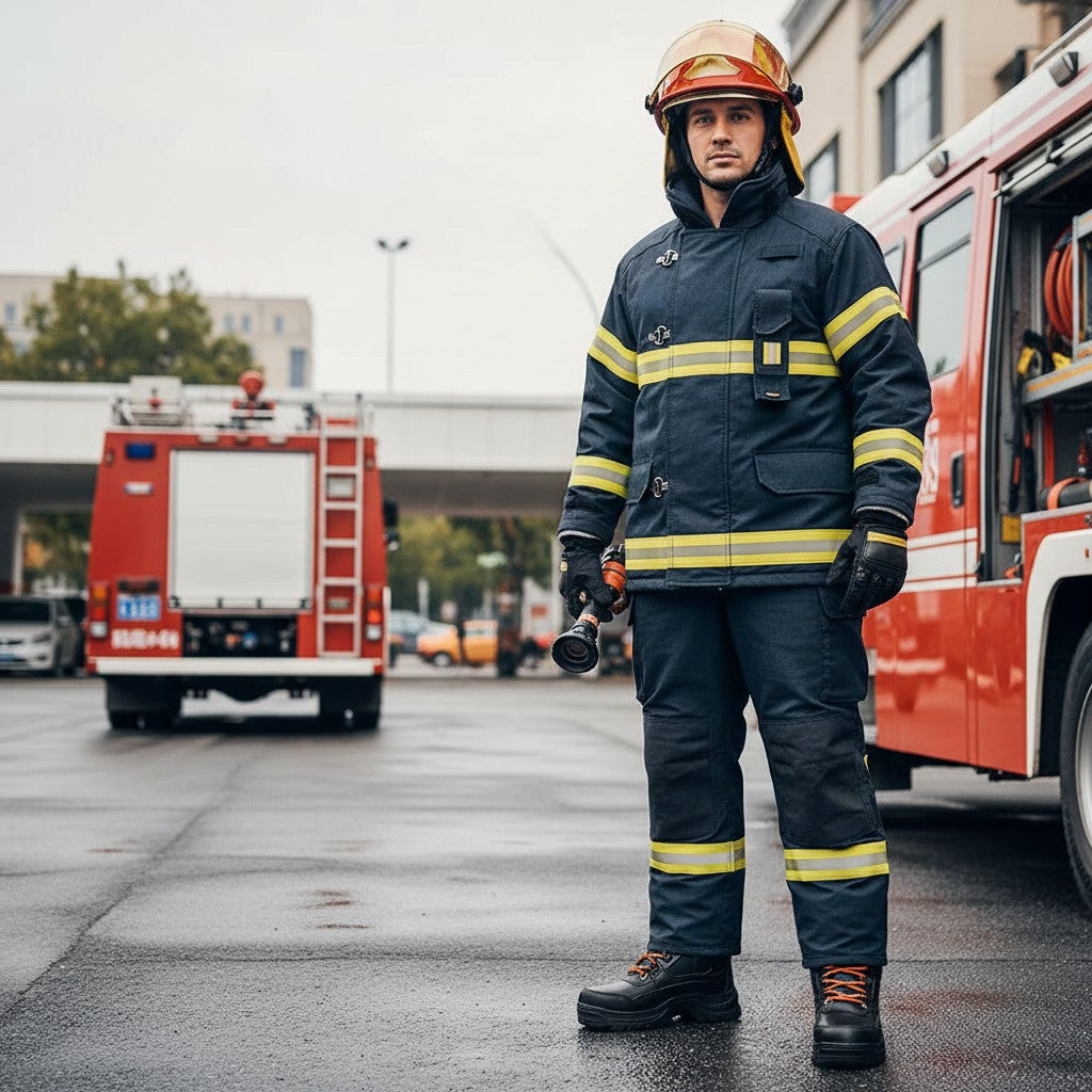 Bombero con equipo de protección GERF SAFETY, incluyendo botas ligeras de cuero negro con puntera de fibra de vidrio.