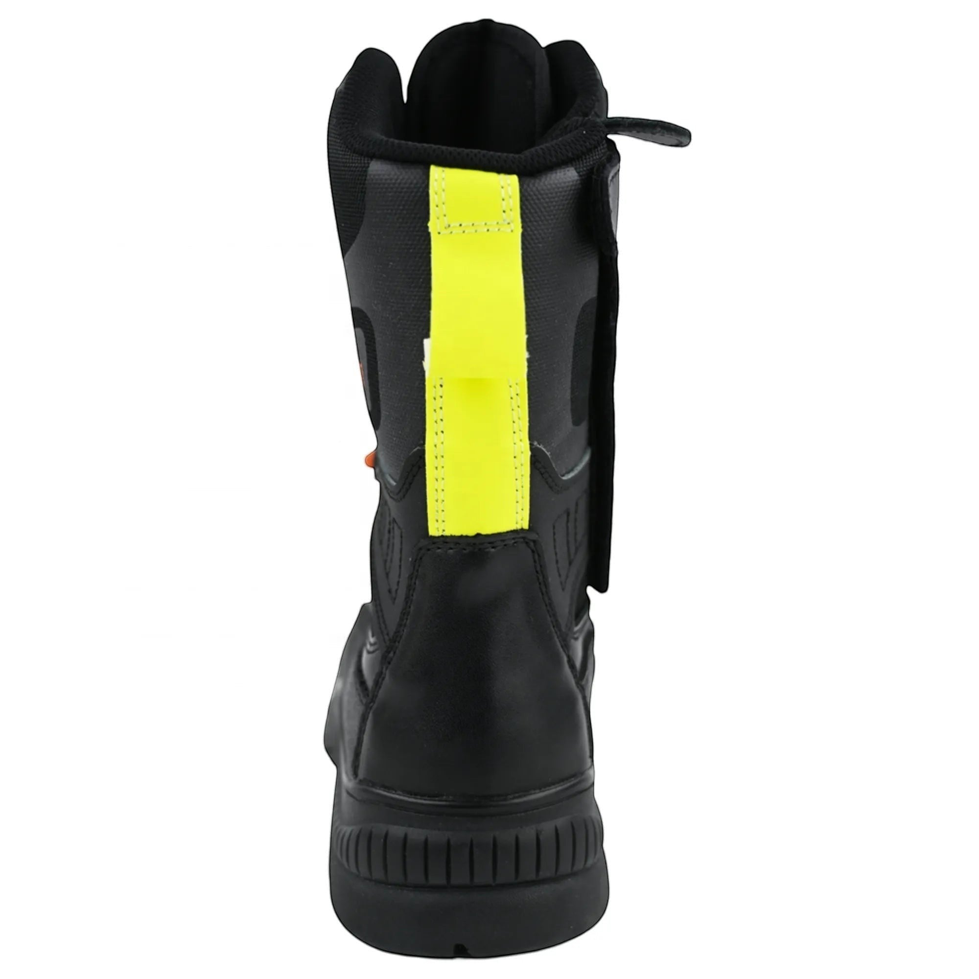Vista trasera de bota de bombero GERF SAFETY de cuero negro con banda reflectante amarilla de alta visibilidad