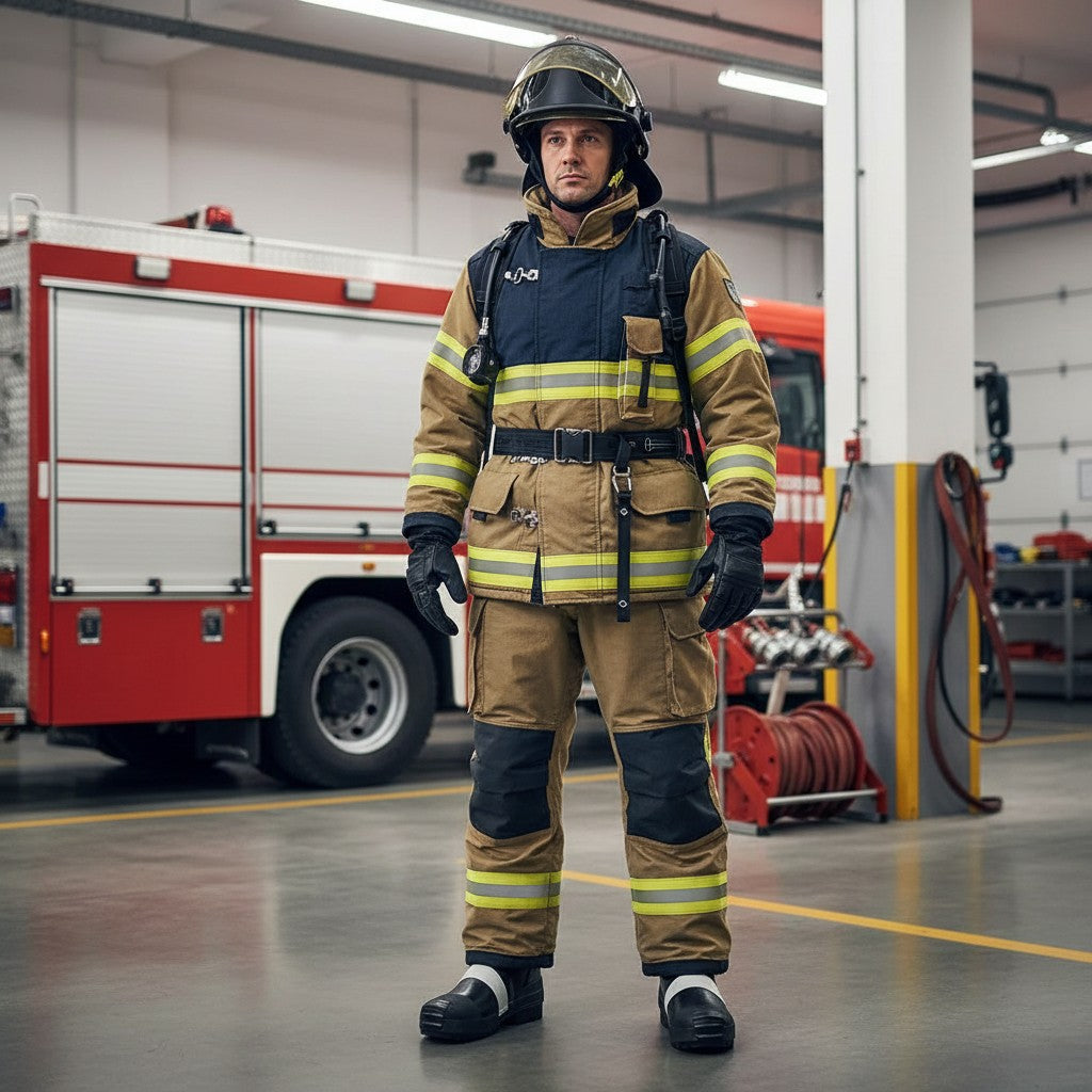 Bombero con equipo de protección completo y botas GERF SAFETY negras con detalles amarillos en una estación de bomberos