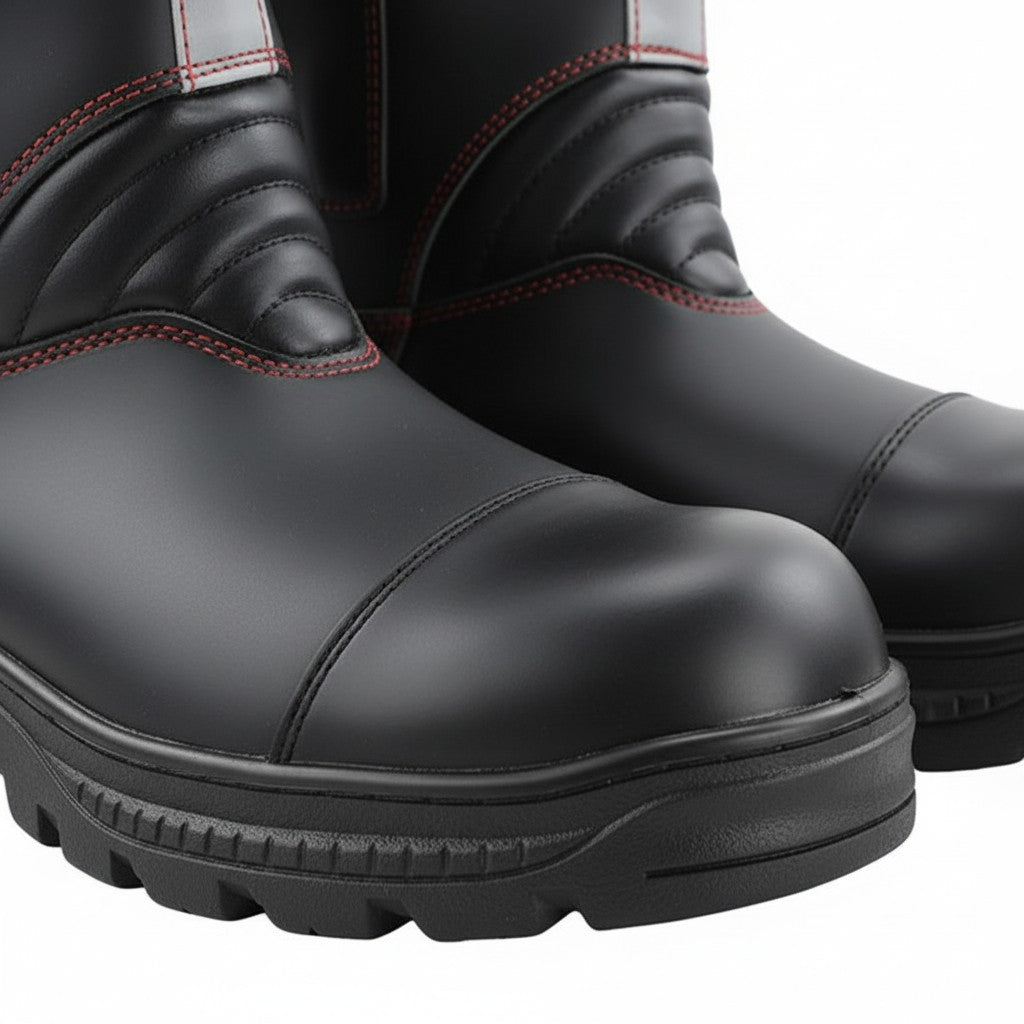 Bota de bombero GERF SAFETY Ironclad Fire negra de cuero ignífugo con punta de aluminio y costuras reforzadas en rojo
