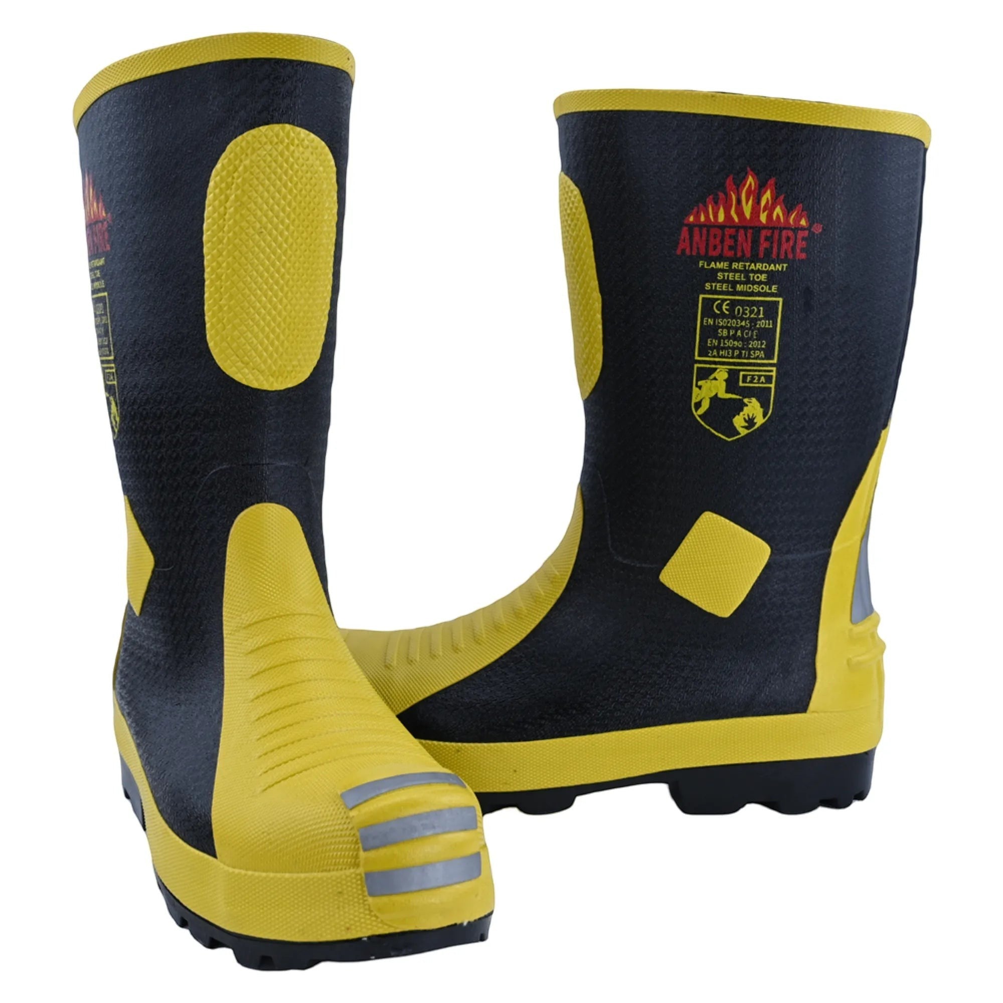 Botas de bombero GERF SAFETY negras y amarillas con punta y suela de acero, certificadas EN15090 y resistentes al fuego.