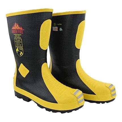 Botas de bombero GERF SAFETY negras y amarillas con punta de acero, suela antideslizante y detalles reflectantes.