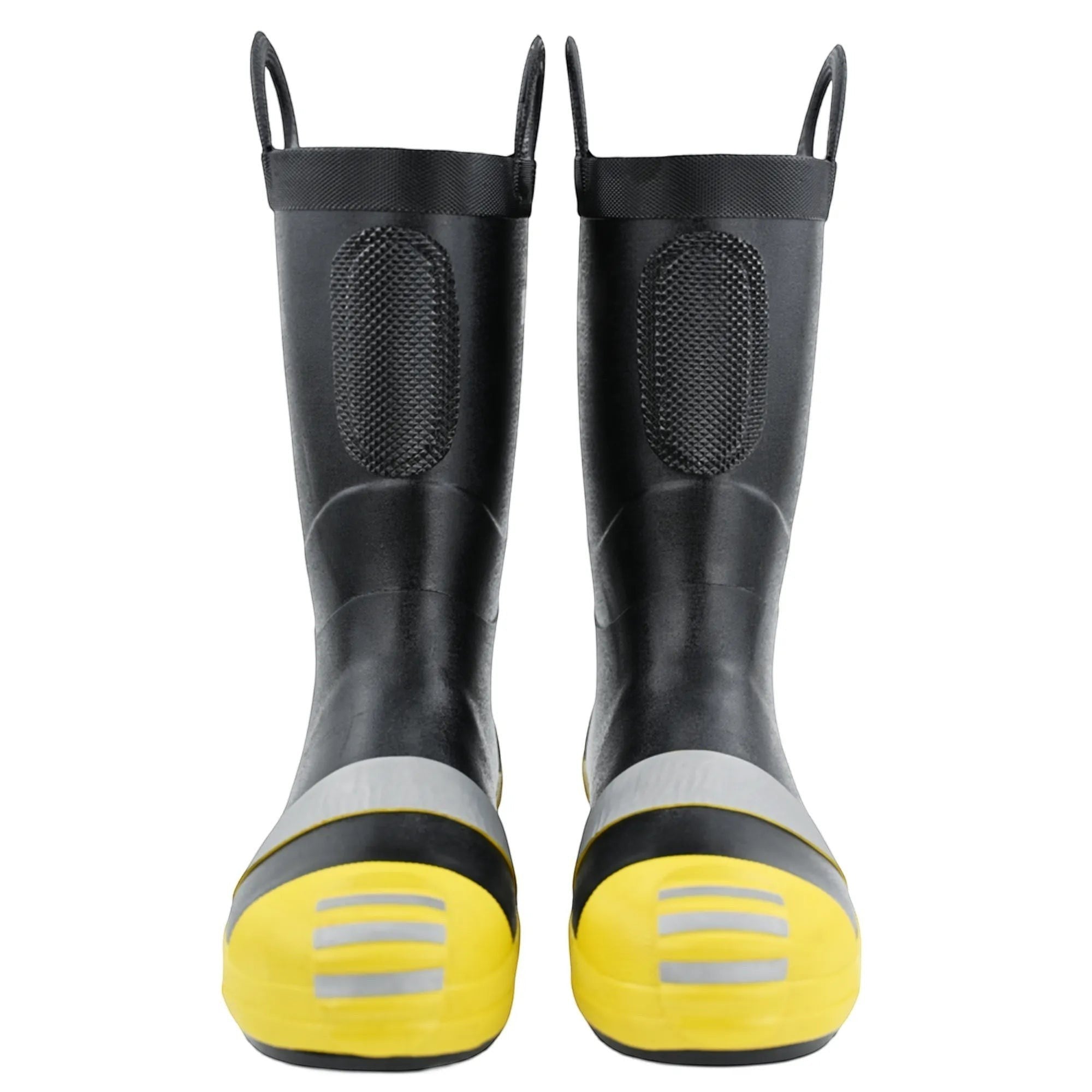 Botas de bombero GERF SAFETY negras y amarillas con puntera de acero, franjas reflectantes y asas integradas.