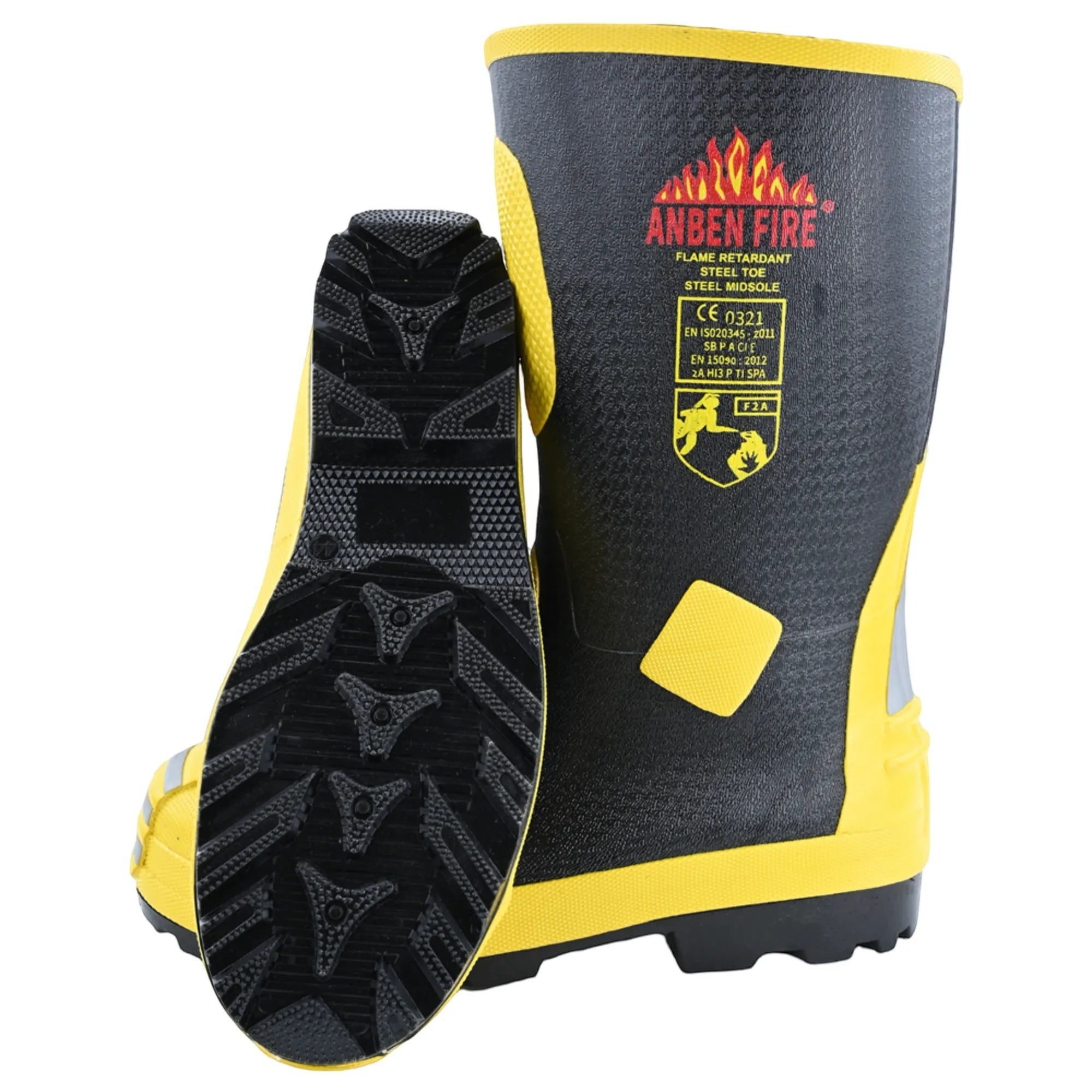 Botas de bombero GERF SAFETY negras y amarillas con punta y suela de acero, resistentes al fuego y antideslizantes.