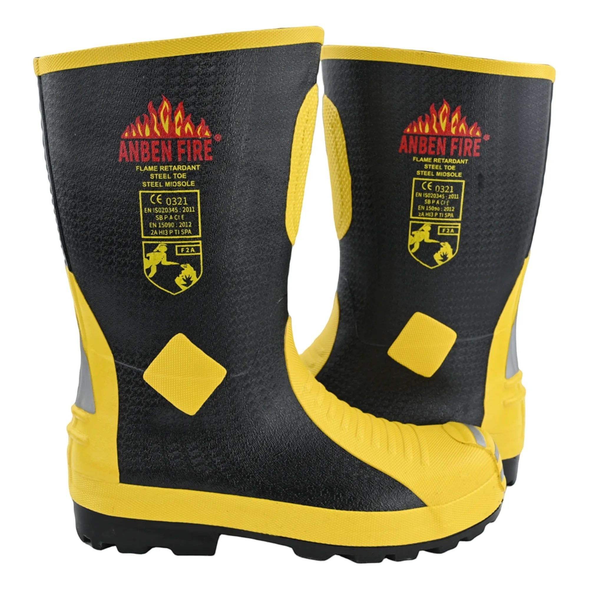 Botas de bombero GERF SAFETY negras y amarillas con punta de acero, resistentes al fuego y certificadas EN15090