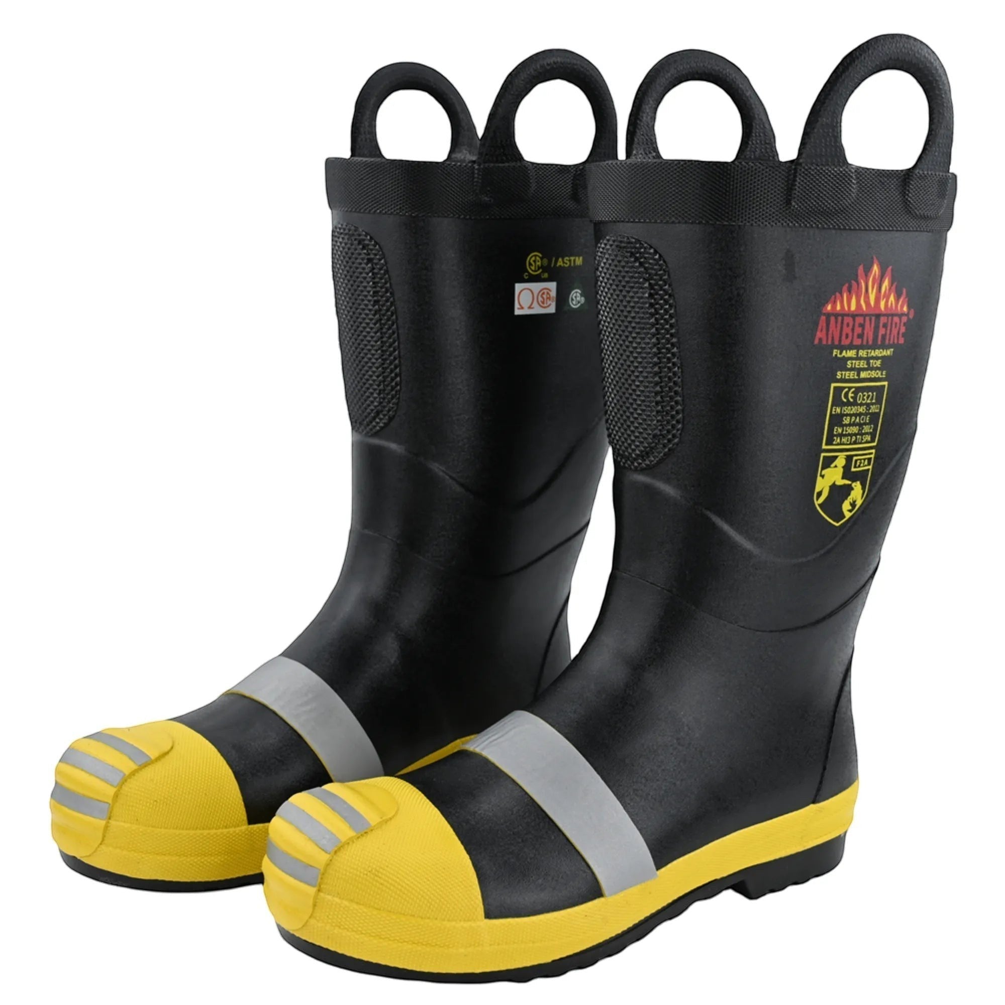 Botas de bombero GERF SAFETY negras y amarillas con puntera de acero, suela resistente y bandas reflectantes de alta visibilidad.